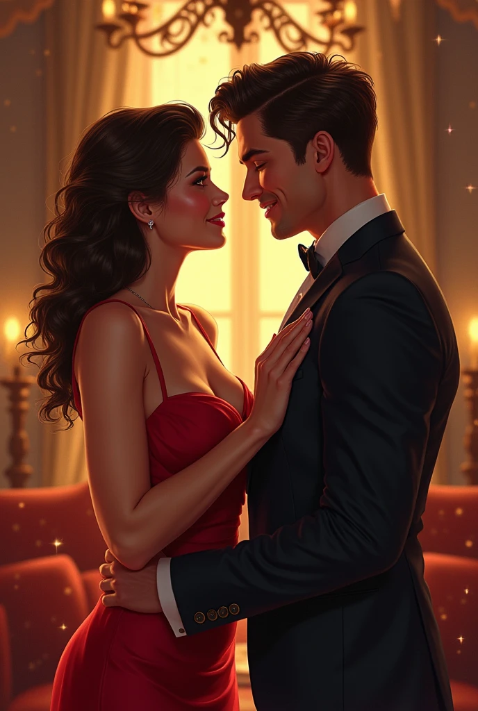 (anime-style hyperrealism:1.3), (semi-realistic anime:1.3), (hyper-detailed:1.4), (masterpiece:1.5), (best quality:1.4), (hyper-detailed anime:1.3), (anime style:1.3), (hyperrealism:1.2), (modern high-society party:1.2), (elegant ballroom:1.1), (two people conversing:1.3), (formal attire:1.1), (champagne glasses:0.9), (ambient lighting:1.0), (chandelier:0.8), (other guests in background:0.7), (woman:1.2), (5'8" tall:1.0), (long straight brown hair:1.1), (curvy body:1.1), (toned physique:1.0), (large green eyes:1.2), (elegant dress:1.0), (man:1.2), (6'5" tall:1.1), (extremely handsome:1.2), (short black hair:1.0), ( very muscular build:1.1), (strong jawline:1.2), (intense blue eyes:1.2), (tuxedo:1.0), (intimate conversation:1.1), (slight smile:1.0), (eye contact:1.2), (soft focus background:0.9), (glamorous atmosphere:1.1), (vibrant colors:1.0), (detailed shading:1.1), (fine line art:1.0)