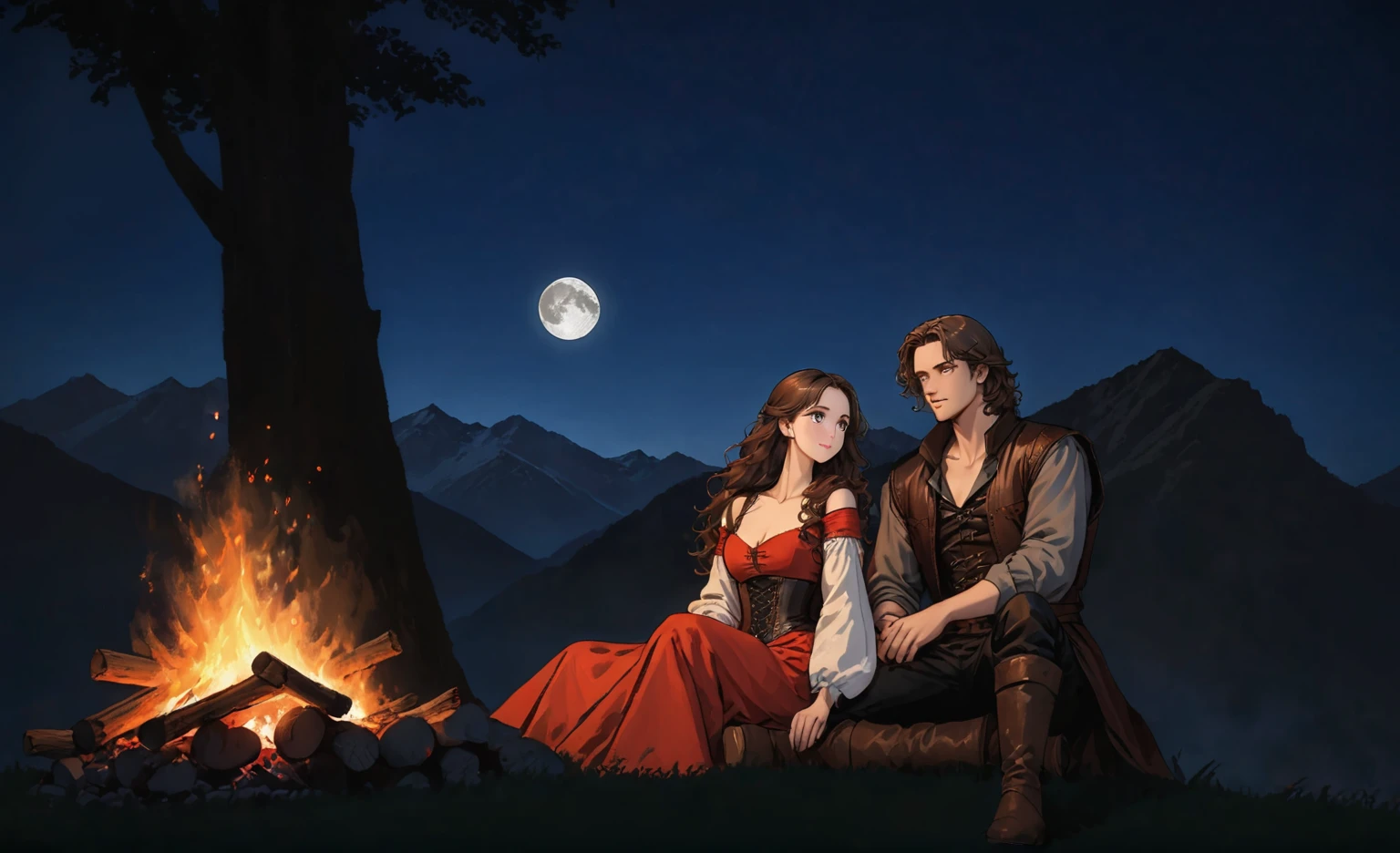 masterpiece, best quality, perfect face, expressive eyes, campfire, night scene, two people, sitting looking at the fire, medieval fantasy renaissance. woman on the left wearing red dress with a leather corset and long open shoulder sleeves, she have black wavy hair and brown eyes. man on the right wearing grey shirt with a leather vest, black pants and boots, he have long wavy brown hair and brown eyes. campfire in front, dark silhouettes of trees, mountains in the background, deep blue sky replete of starts and a full moon, soft natural lighting from the fire, warm and cozy atmosphere, low angle, balanced exposure