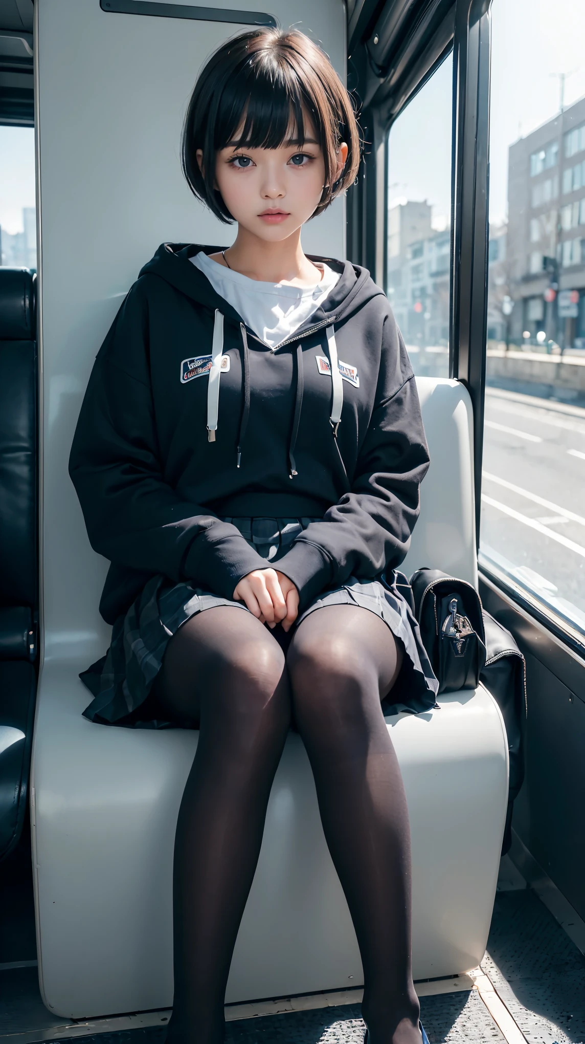 (masterpiece、Ultra-detail、8k、top-quality:1.5)、((Awesome))、One woman、Shorthair with bangs、(((Black pantyhose)))、hi-school girl、18year old、((directly in front))、Uniforms、Wearing a black hoodie、((navy check mini skirt))、On the train、blue-sky、sitting on、(legs crossed)