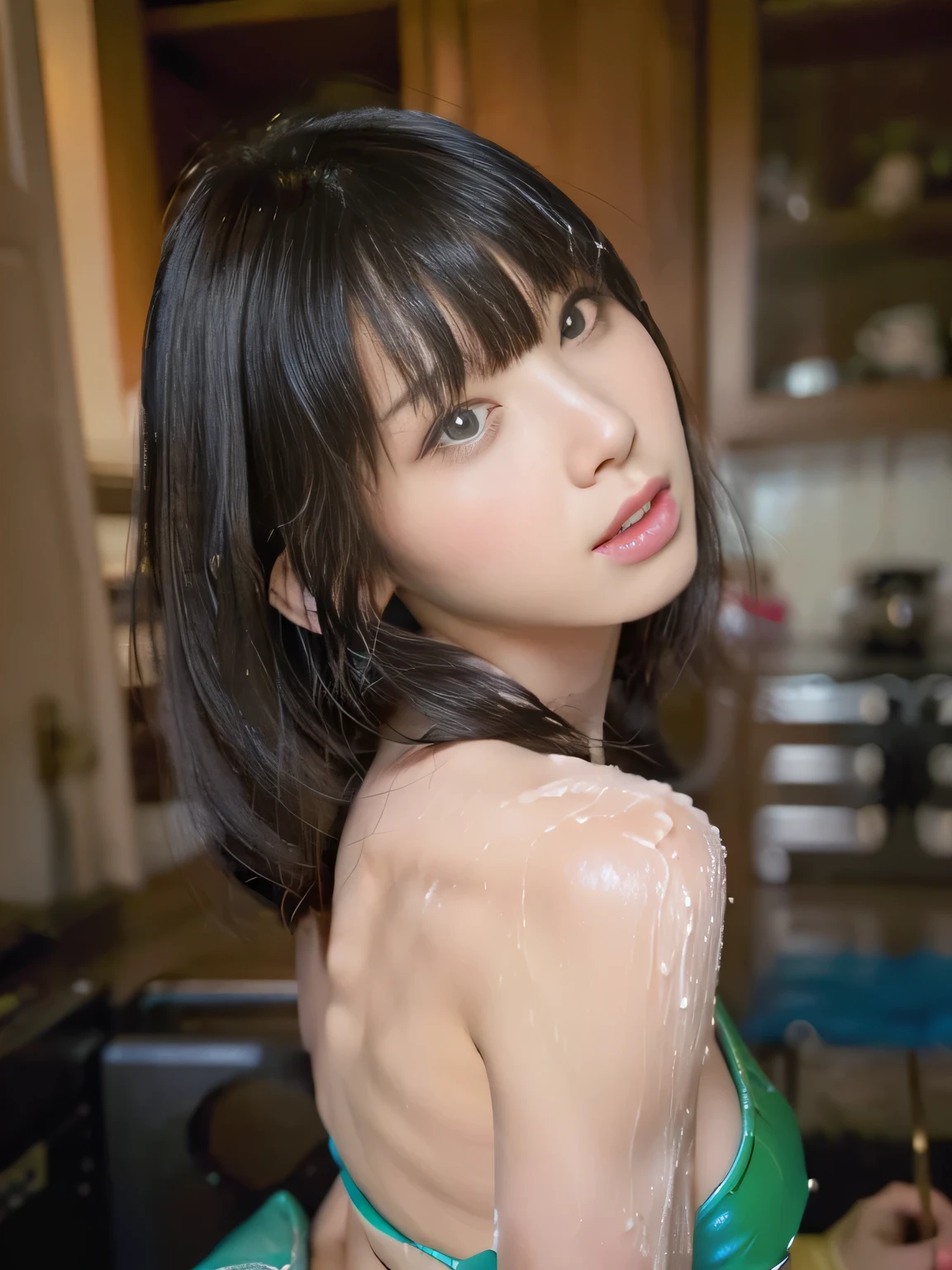 beautiful girl, green hair,beautiful Japanese girl, adorable,standing holding a cup of coffee, bright yellow eyes, Red lips, blushing face, very cute face, loose clothes, no pants, in the kitchen, wet clothes, water splash effect, warm coffee,white skin, beautiful body, amazing, hot girl, sensuality, best quality, realistic, 8k