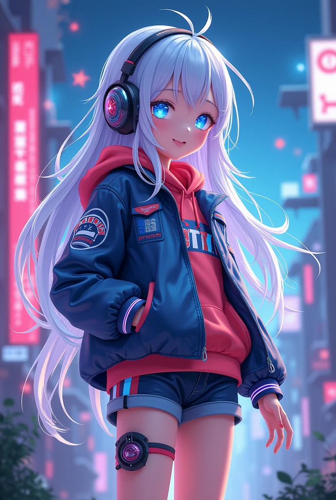 Japanese anime otaku girl around 2 VTuber character  - Hair: Long, flowing silver hair with blue highlights, styled in a way that resembles a starry night sky.
Eyes: Bright, sparkling blue eyes with star-shaped pupils.
Outfit: A futuristic, yet cozy outfit combining elements of a gamer and an idol. Think a sleek, high-tech jacket with neon accents over a comfortable hoodie and shorts. She also wears fingerless gloves and high-top sneakers.
Accessories: A pair of stylish gaming headphones around her neck, a small star-shaped hairpin, and a holographic wristband that displays her gaming stats.