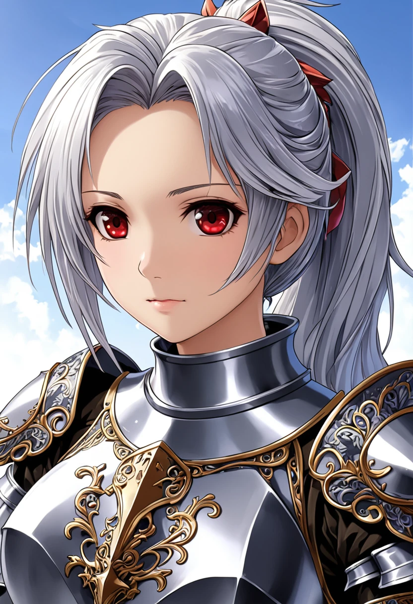 ((Highest quality)),(Ultra-high resolution),(Super detailednew),(Detailed Description),((The best CG)),(A masterpiece of art),Ultra-detailed art,Wonderful new Art,(Fantasy art with intricate detail:1.5), (1 female knight:1.6),Girl,Beautiful and well-proportioned face:1.6,Also々new:1.5,Natural Makeup:1.4,ponytail:1.8,Armor with great attention to detail:1.6,Precise and detailed relief:1.7,Silver Hair,Red eyes