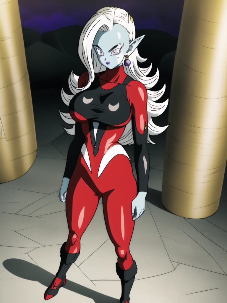 dbsuper style, (extremely detailed CG unity 4k wallpaper),(masterpiece),(ultra quality),(ultra-detailed),(best illustration),(best shadow),(absurdres),(detailed background), Towa, 1girl, solo, pointy ears, colored skin, breasts, blue skin, long hair, bodysuit, large breasts, white hair, earrings, jewelry, underboob, grey eyes, purple aura, standing

