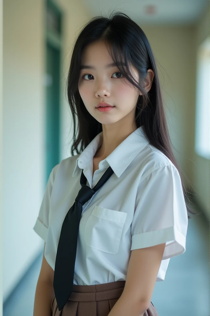 (masterpiece, best quality:1.2), a hyperrealistic schoolgirl, solo, 1girl, yukinoshita yukino, (shiny skin, wet skin:1.2), sweating, slight smile, looking at viewer, on all fours, school uniform, white shirt, plaid skirt, thighhighs, afternoon, classroom hyperrealistic schoolgirl