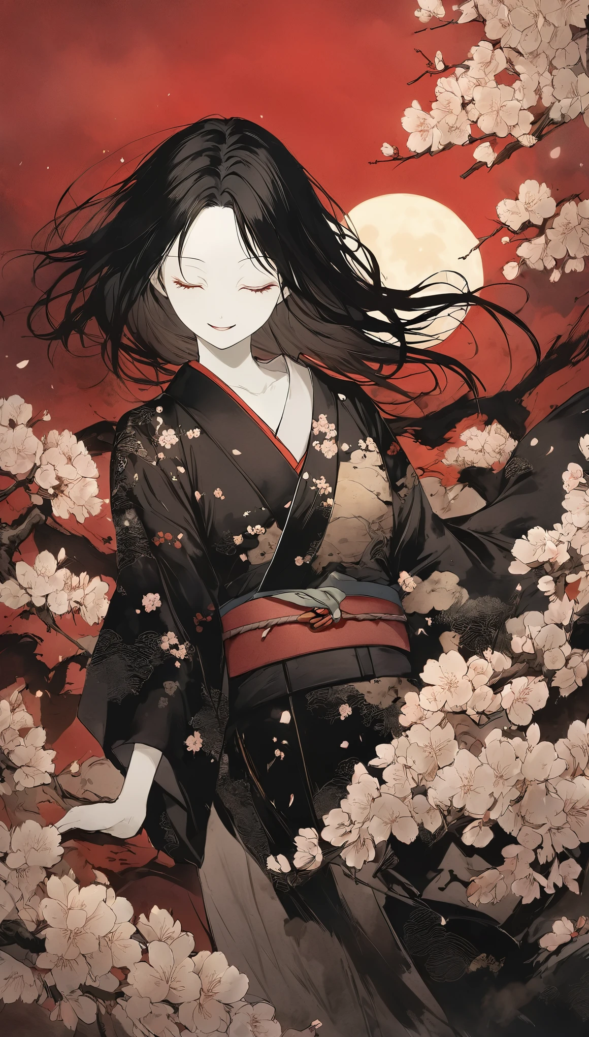 close your eyes。Long black hair blowing in the wind.。forehead。Close up on face。spooky。smile。Pure white skin。alone。Half of my body is covered in mist。A woman is floating。The sound of bells。darkness。fear。spookyな雰囲気。Japan。Tattered black kimono。night。Red Belt。Black silk kimono。。cherry blossoms。full moon。Red Sky。cherry blossomsの花。
