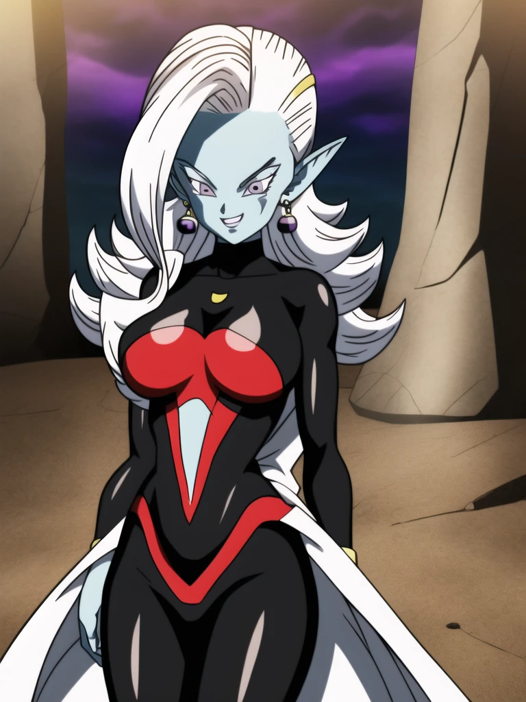 dbsuper style, (extremely detailed CG unity 4k wallpaper),(masterpiece),(ultra quality),(ultra-detailed),(best illustration),(best shadow),(absurdres),(detailed background), Towa, 1girl, solo, pointy ears, colored skin, breasts, blue skin, long hair, bodysuit, large breasts, white hair, earrings, jewelry, underboob, grey eyes, evil grin, purple aura, standing

