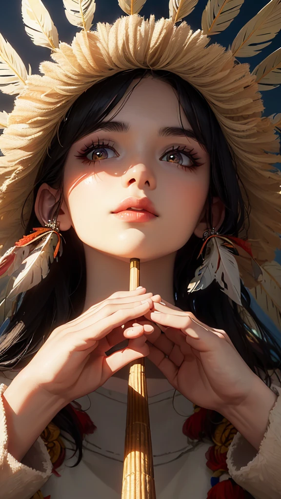 ((high detailed, best quality, 4k, masterpiece, hd:1.3)), ((best quality)), (((HD))), (((8k))), (ultraDH), (ultra HD), a native american woman, in open grassland, wigwam in background, native american headdress, wearing stereotypical feathered native american garb, smoking a peace pipe, gorgeous scenery, cinematography in style of peter jackson, (pretty:1.8), (from below:1.4), (gorgeous feminine body:1.4), (beautiful face:1.6), (heavy colorful makeup), (perfect hands, perfect anatomy)