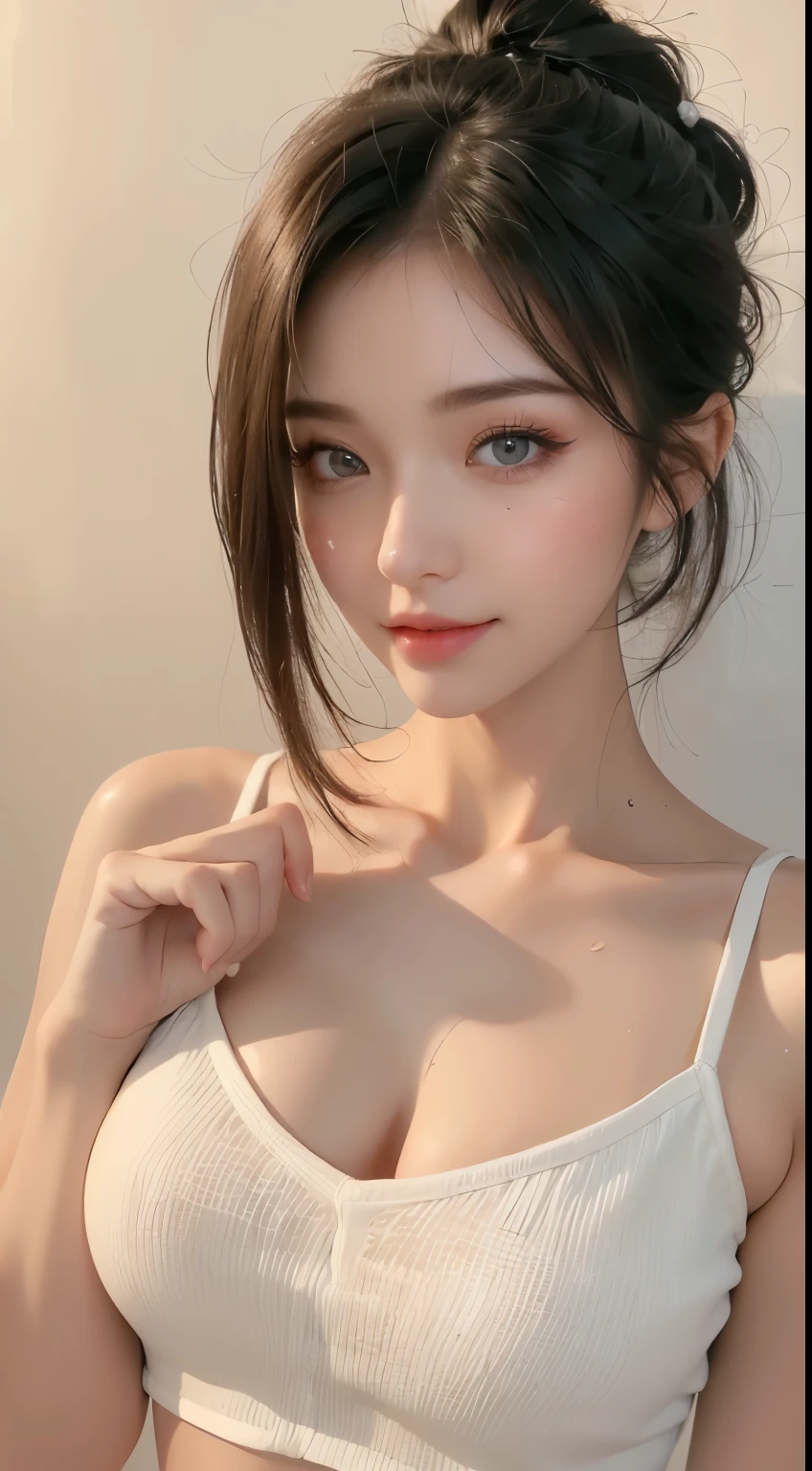 ((best quality, 8k, masterpiece: 1.3)), 1 girl, Beauty that emphasizes slim abs: 1.3, (casual hairstyle, super big: 1.2), gym, Sporting goods: 1.2, very detailed face, delicate eyes, double eyelid, soft chest, laugh, very exposed ,Sweat muscles,Full body selfie,to show ,nude