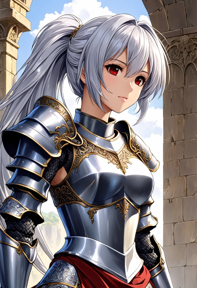 ((Highest quality)),(Ultra-high resolution),(Super detailednew),(Detailed Description),((The best CG)),(A masterpiece of art),Ultra-detailed art,Wonderful new Art,(Fantasy art with intricate detail:1.5), (1 female knight:1.6),Girl,Beautiful and well-proportioned face:1.6,Also々new:1.5,Natural Makeup:1.4,ponytail:1.8,Armor with great attention to detail:1.6,Precise and detailed relief:1.7,Silver Hair,Red eyes