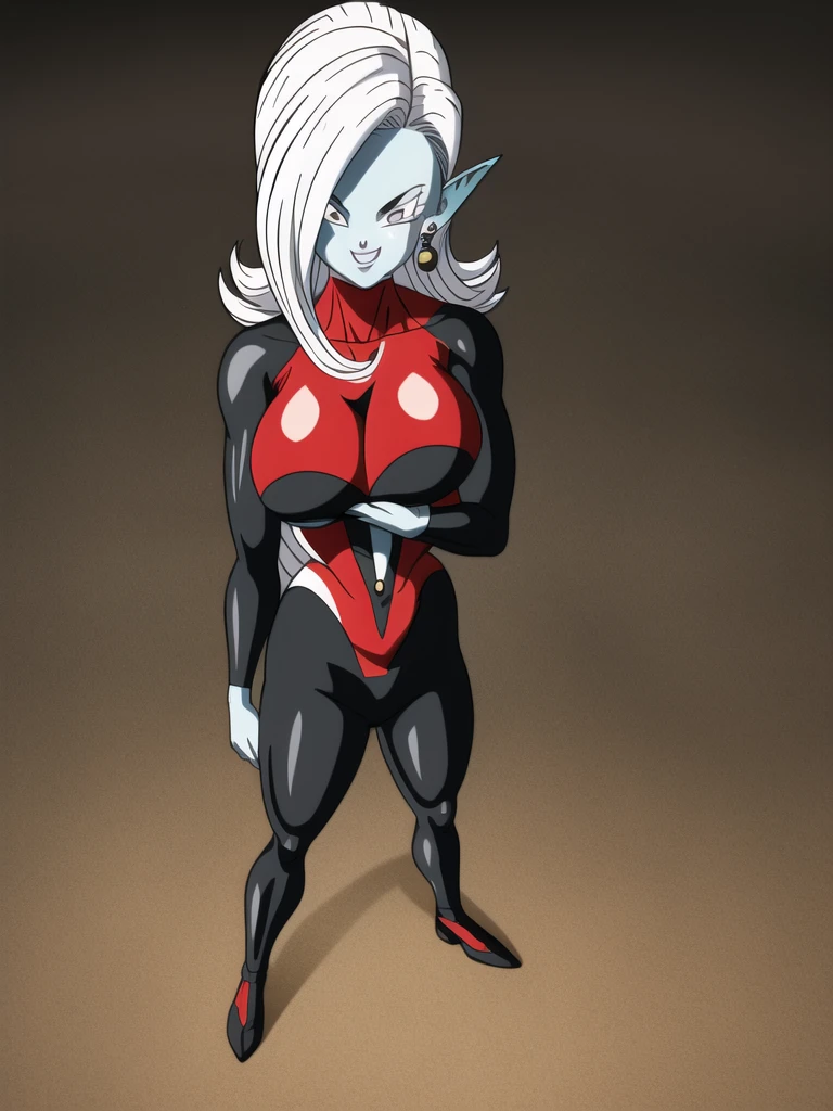 dbsuper style, (extremely detailed CG unity 4k wallpaper),(masterpiece),(ultra quality),(ultra-detailed),(best illustration),(best shadow),(absurdres),(detailed background), Towa, 1girl, solo, pointy ears, colored skin, breasts, blue skin, long hair, bodysuit, large breasts, white hair, earrings, jewelry, underboob, grey eyes, evil grin, purple aura, standing

