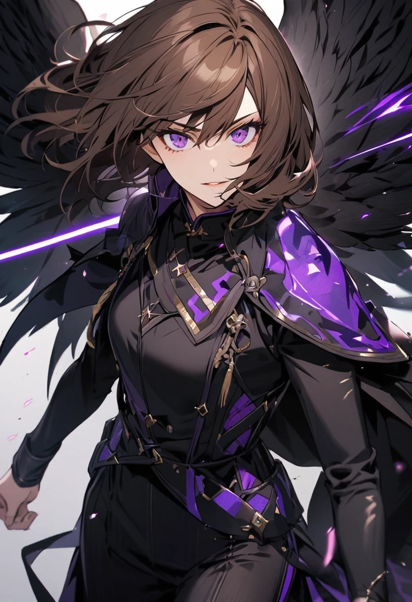 Draw a purple hair girl holding a lightning katana and having a Japanese lightning symbol on her chest, with raven wings.