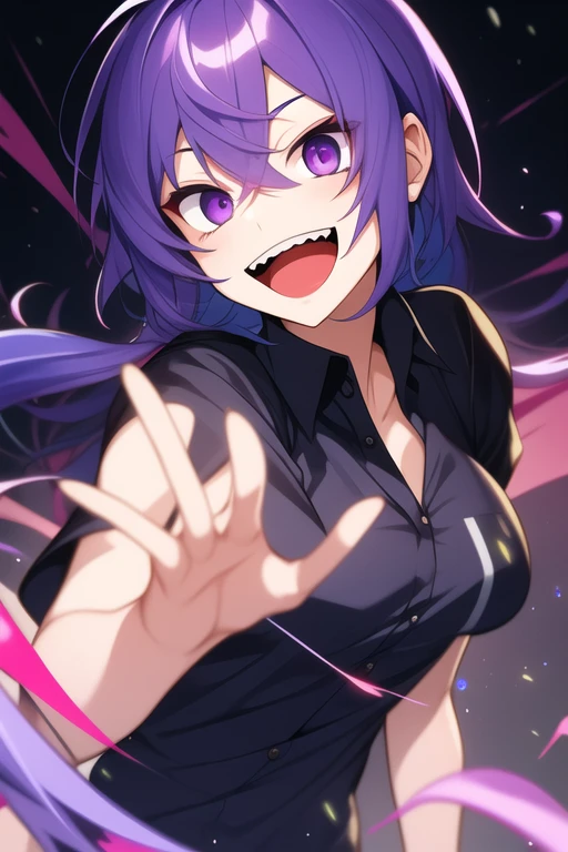 Original character , 1girl, (crazy smile:1.2) , long purple hair , bangs , hands on face , blood splatter on face , purple and black color scheme, open mouth, (wide-eyed:1.2), glowing eyes , yandere, star shaped eyes, star shaped pupils