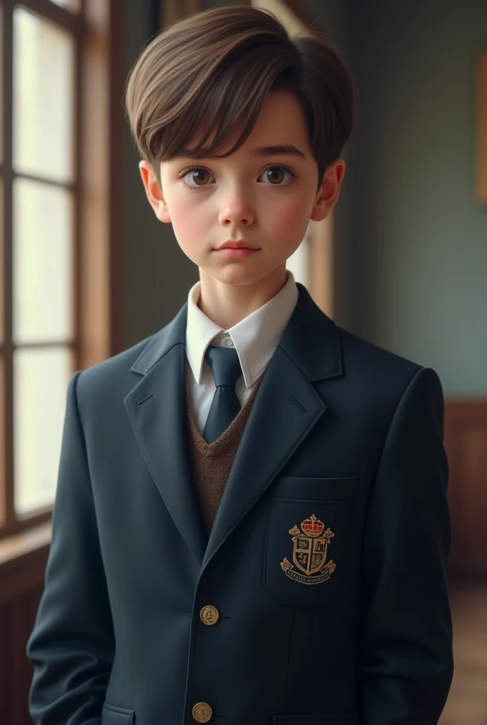 a beautiful boy, 9 years, very fine European features, Brown hair, blue eyes, very formal London clothes, sad look, peaceful look.