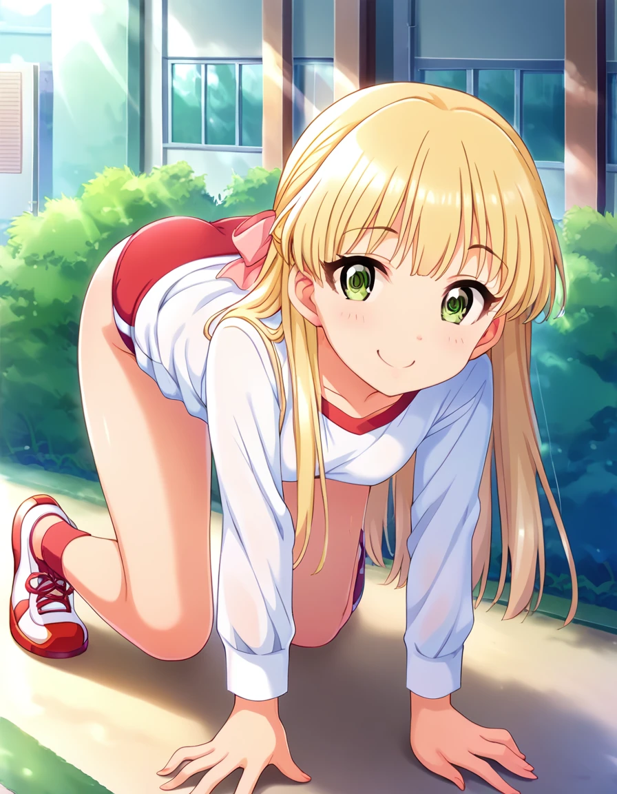 score_9, score_8_Excellent, score_7_Excellent, sauce_anime,
evaluation_Sensitive, Sexually suggestive, smile, Joyful, 
Outdoor, Sunbeam,
 Long Hair, blonde,   Hair Ribbon,Green Eyes, Small breasts, 
Gym suit, White gym shirt, Untucked shirt,  red buruma, socks, sneakers, Thighs，Ass，((Assを見せつける，　))From the back,On all fours，Center，
Detailed eyes, Eye Reflexes,