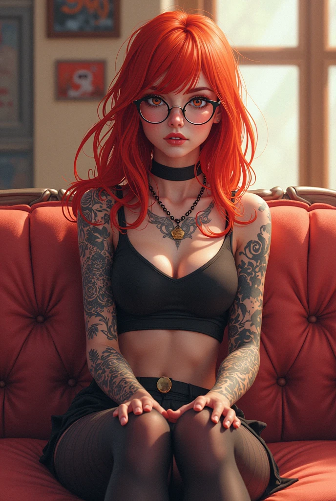 Fille, red hair tattooed ,with glasses sitting on a sofa anime back