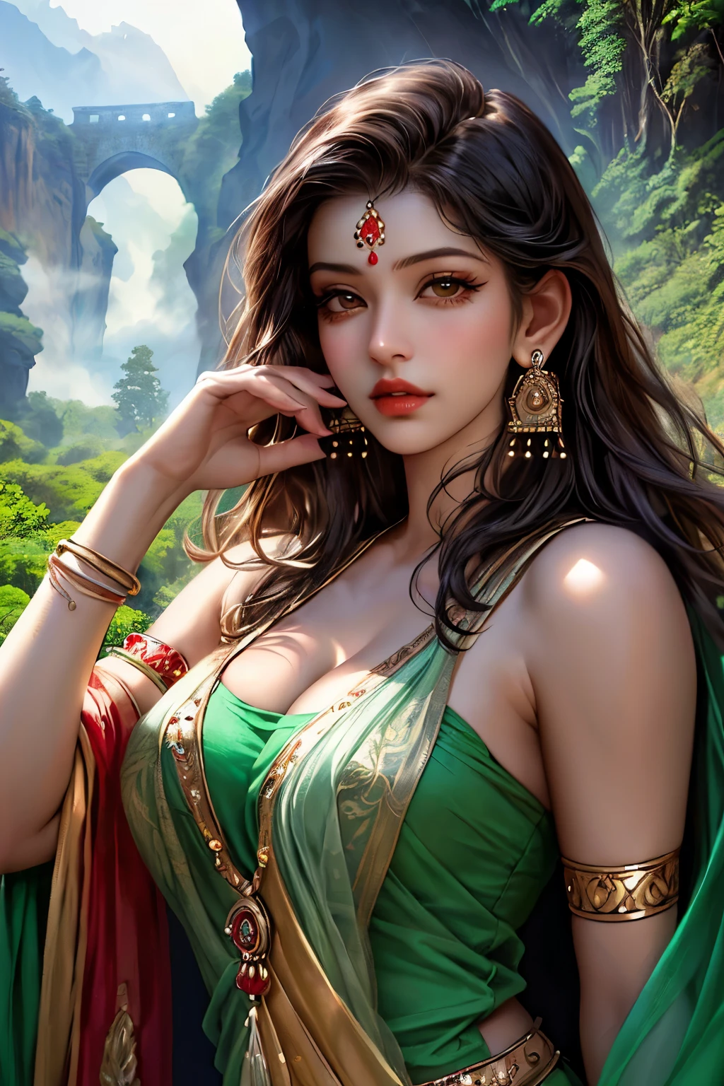 ((realistic:1.5)),((best quality)), ((masterpiece)),((detailed)),
(1girl), (a beautiful female),
(upper body:1.3),super-wide-angle lens,face focus,
mature,sexy,toned muscles,long legs,curvy, barefoot, cleavage,thick thighs,wide hips,
green eyes,long hair,floting hair,long eyelashes,
(detailed face,beautiful eye, detailed pupilss,detailed clothes features, clear background:1.3),
(Bindi,Jhumkas:1.3),
(Dress,Armlet, Haar, Payal,Maang Tikka,Jhumkas,Kamarband,Bangles:1.3),
mysterious ancient ruin, lush forests, deep canyons,bridge,river,cliff,cloud, lakes,rock,waterfalls, flowers, grass, fog,vine,tree, smoke,
best shadow,bright details,sharp,perfect composistion,
Intricate, Sharp focus, dramatic,
(specular lighting:1.3),rim light,
photorealistic painting art,by Frank Frazetta,by Julie Bell,by Olivia De Berardinis,by Luis Royo,by boris vallejo,
