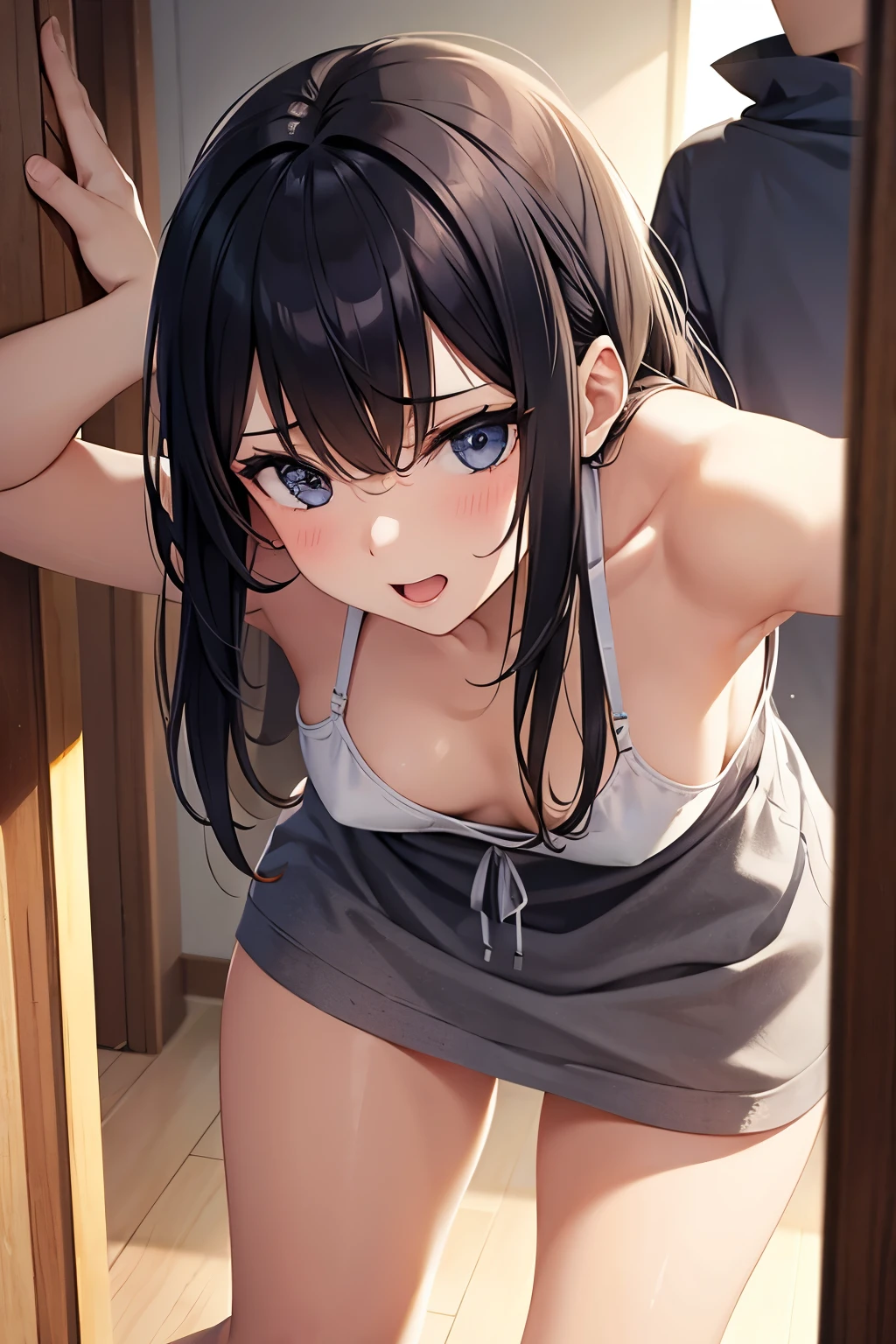 from below, nipples, sweat, bare foot,  girls, small breast, embarrassed, indoor, shoji, tatami, slim legs, slim girl, from below, girl bend over kneeling, (masterpiece:1.2), highest quality, High resolution, black hair, Perfect lighting, Highly detailed CG, (Perfect hands, Perfect Anatomy)