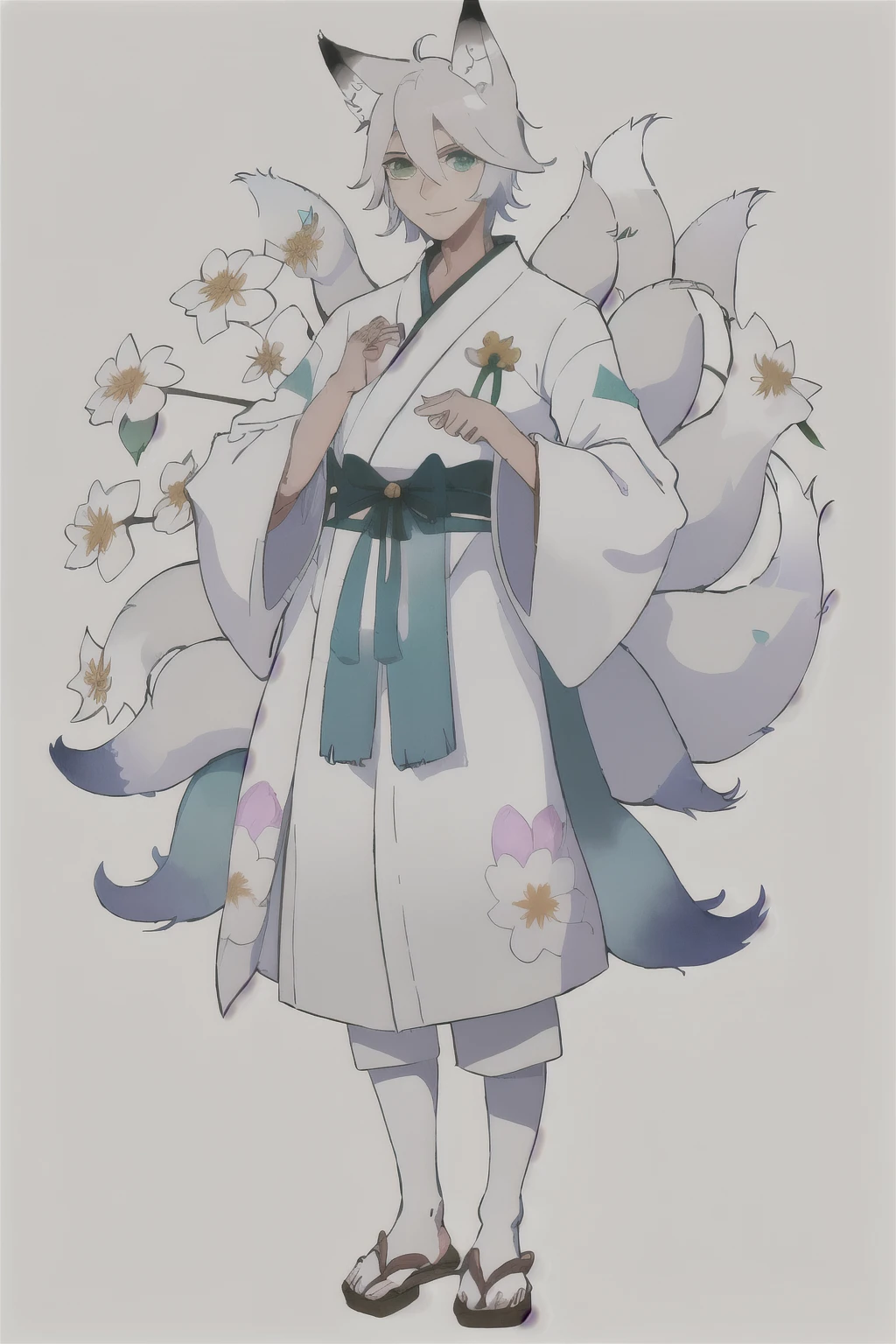 enigma_narrow, standing alone, looking ahead at viewer, ssmile, simple background, 1 , white background, animal ears, greeneyes, standing, Tailpussy, whole body, White hair, male focus, Japanese clothing, hands up, wide sleeves, fox ears, fox Tailpussy, flower print, sandals, tassel, ou 