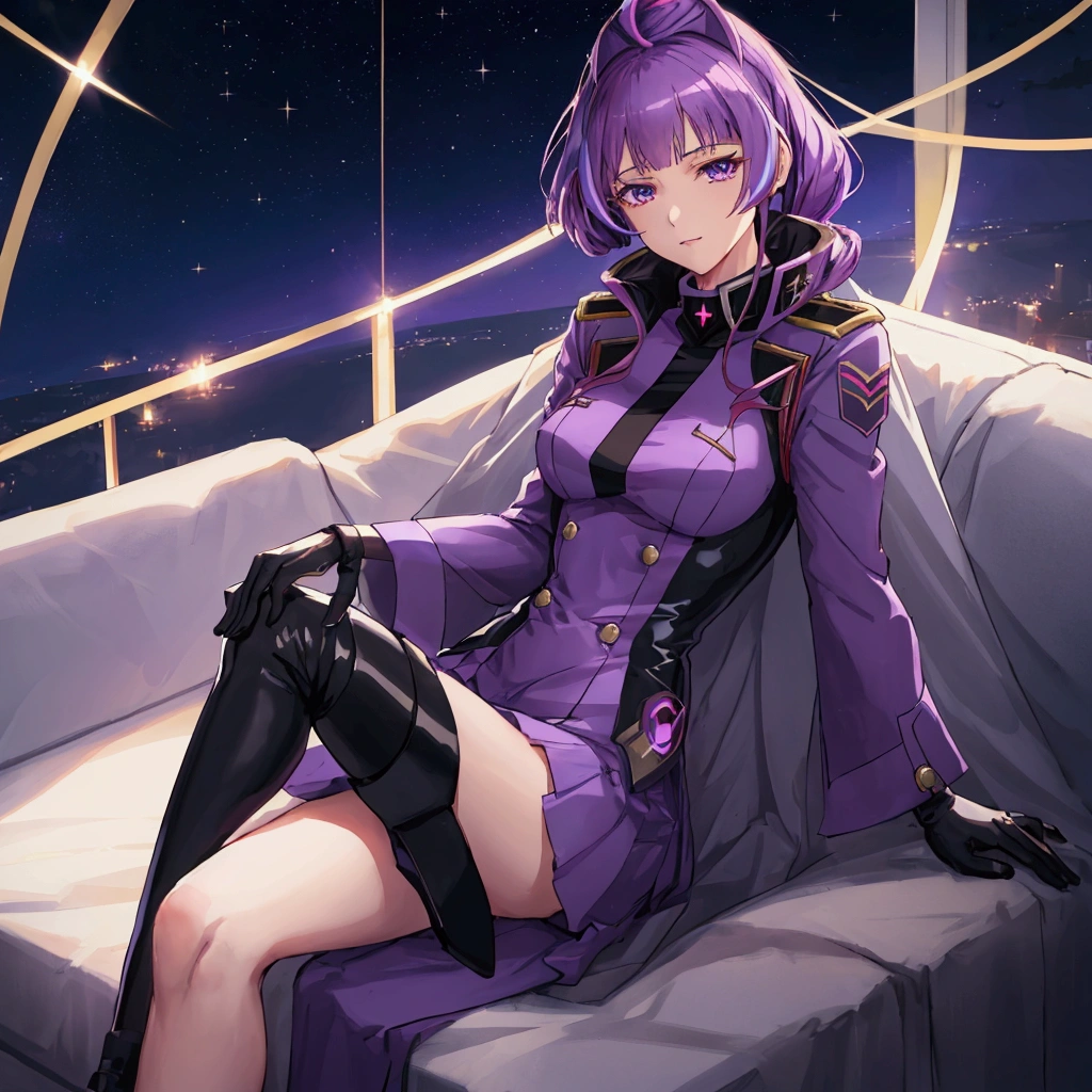 Night sky background, night time, Military uniform, dark blue uniform, purple glove, white cape, 1girl, solo,  Mikumo Guynemer, Macross delta, high collar, shining hair, sitting on couch, facing viewer, arrogant, 