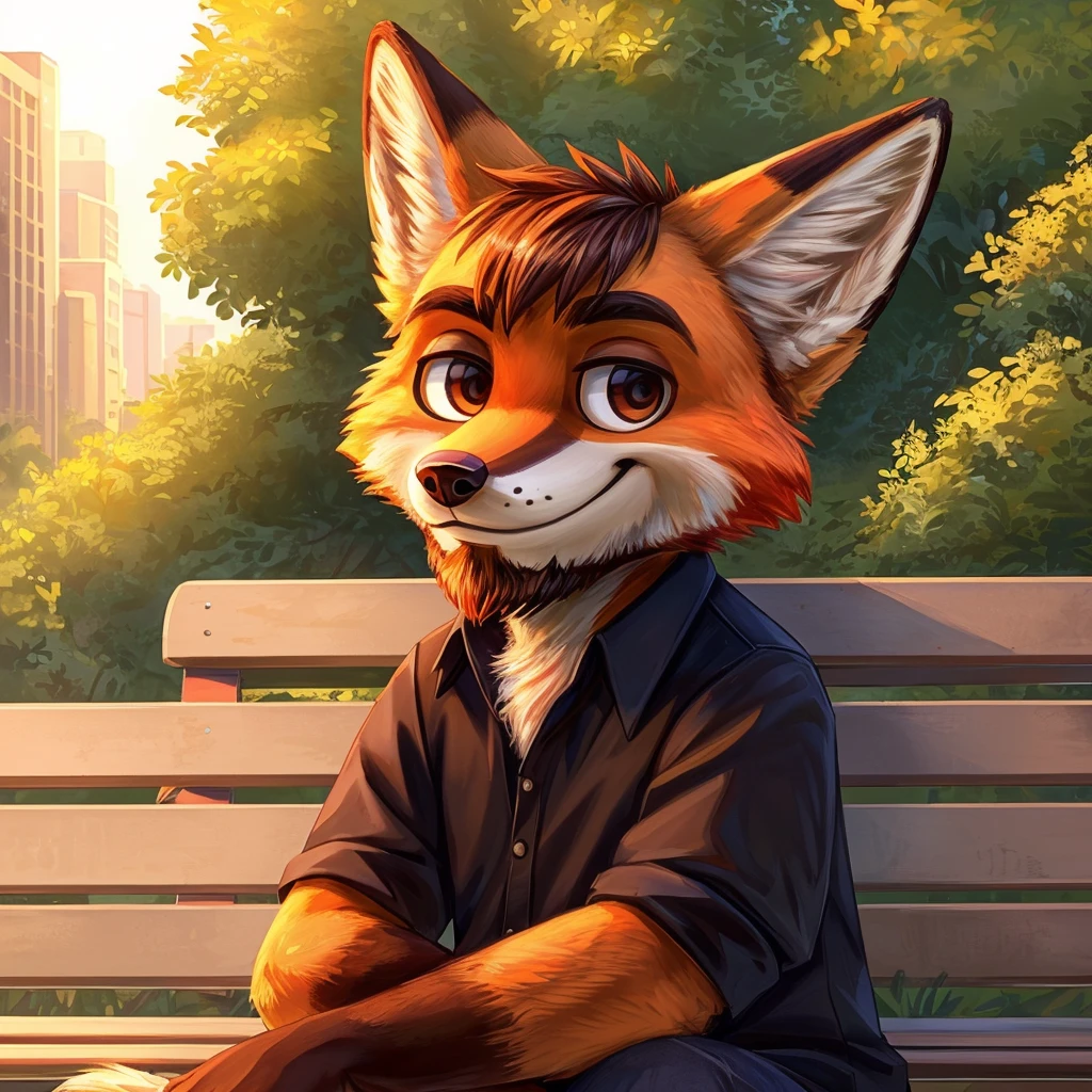 A close-up of an antropomorphic red fox, seated on a bench in a park, a bit of beard, bass player, short hair, closed smile, looking at viewer, high quality furry art, chibi style.