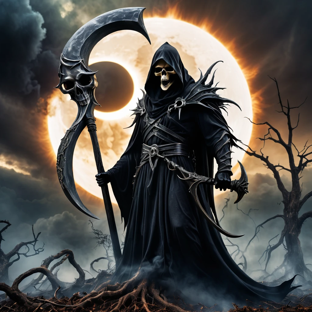 Grim reaper, Giant sickle, death scythe, shape that reaps life,end of the world, symbol of destruction, destruction, dark fantasy,smoke, rotten tree, solar eclipse,