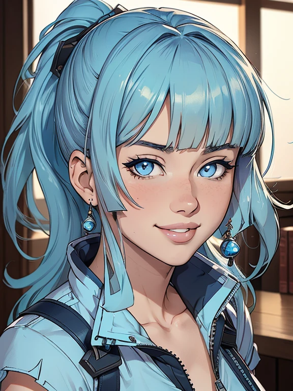 (masterpiece), (best quality), (ultra detailed),(disheveled hair),(illustration), (1girl), standing, smiling, beautiful detailed eyes, light blue eyes, detailed beautiful face, (kamisato ayaka: 1.2), focus on face,  ponytail, kamisato ayaka(genshin impact), light blue hair, detailed hair, bangs, best lighting, best shadow, highly detailed, vibrant