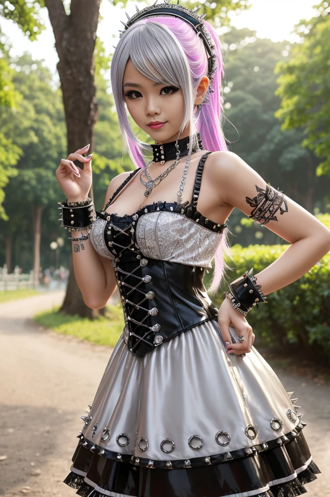 sexy stylish female model, only 1 female, ((doll-like appearance)), short purple stylish hair, ((shiny Punk-Style boots)), (big smile), ultra detailed eyes, Punk makeup, lip-gloss, ((sexy Punk Lolita cosplay)), unconventional skirt, petticoats, high neckline, ((ultra detailed lace)), ((ultra detailed embroidery)), intricate details, tartan patterns, safety pins, Punk Lolita accessoires, short black gloves, Punk Lolita choker, ((large sparkling Punk Lolita jewelry)), cinematic light, detailed large park background with trees