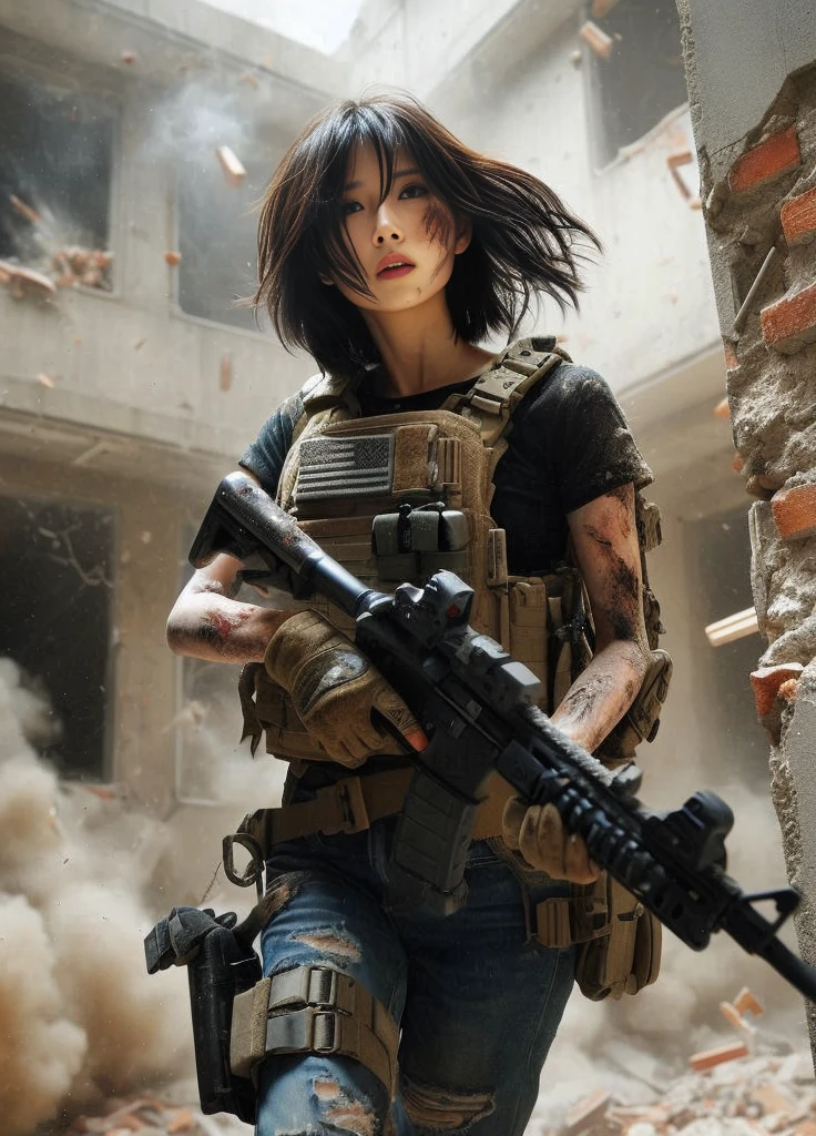 8K, realistic photo, realistic skin texture, Beautiful Japanese women in the US military、Outside the building、explosion、Close call、Walls bursting with debris、They are shouting to evacuate immediately.、Automatic rifle、Bulletproof vest、Back Back、boots、Covered in scars、Grim expression、Dynamic pose、Innovative composition、Dust is flying、傷だらけ