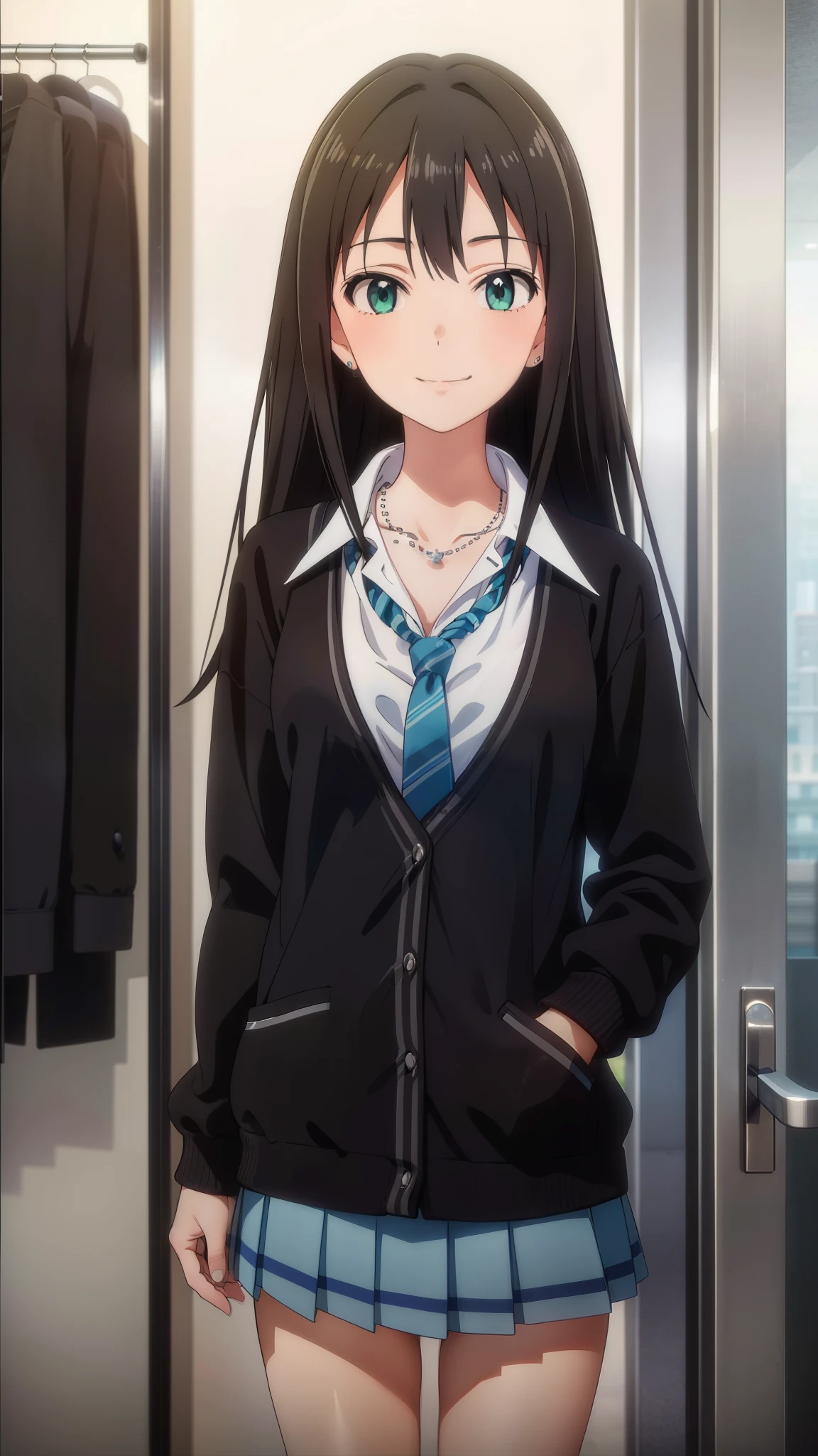 (masterpiece、Highest quality、In 8K、High resolution:1.2)、alone, One Girl, Rin Shibuya、 ((smile))、school uniform、 cardigan, tie, necklace, View your viewers、Cowboy Shot