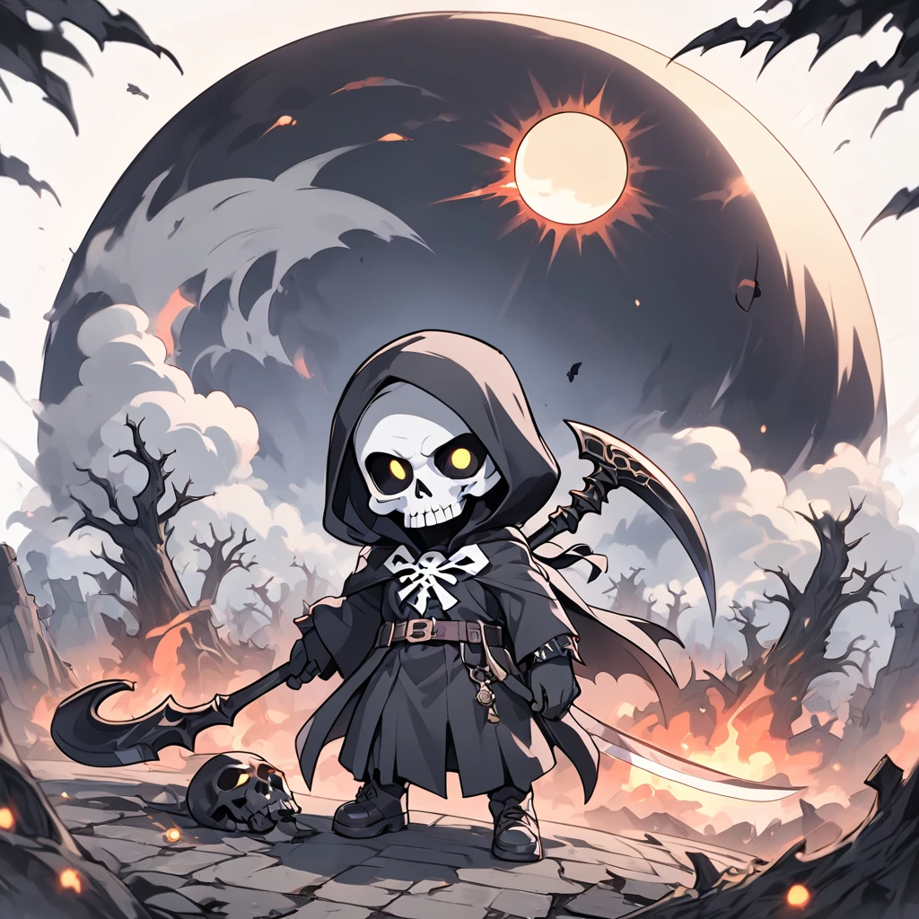 cute Grim reaper, death scythe, shape that reaps life,end of the world, symbol of destruction, destruction, dark fantasy,smoke, rotten tree, solar eclipse, DonMD34thM4g1cXL