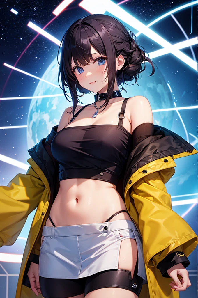 (masterpiece)、(absurdres)、(ultra detailed)、BREAK,neon-light effect:1.2,gradation:1.2、(solo adult lady)、BREAK,shiny black hair、shiny purple eyes、short highponytail、from front,1white ribbon:1.small breast:0.8、upper body shot、half-closed eyes,Dark resort beach background、Darkness、darkness、BREAK,Yellow floral print strapless bikini:1.3、BREAK,Night starry sky:2,Moonlit Night、shooting star、Milky Way、Hide your hands behind your back、