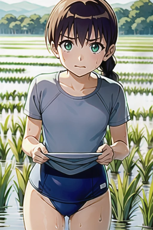 Miyanoshita Satsuki, green eyes, brown hair, braid, long hair, hair bow,T-shirt sheer with sweat　School swimsuit wet with muddy water　Rice fields in the countryside　Covered in mud　Standing in a rice field　Bad mood　mud droplets　Muddy water on the body