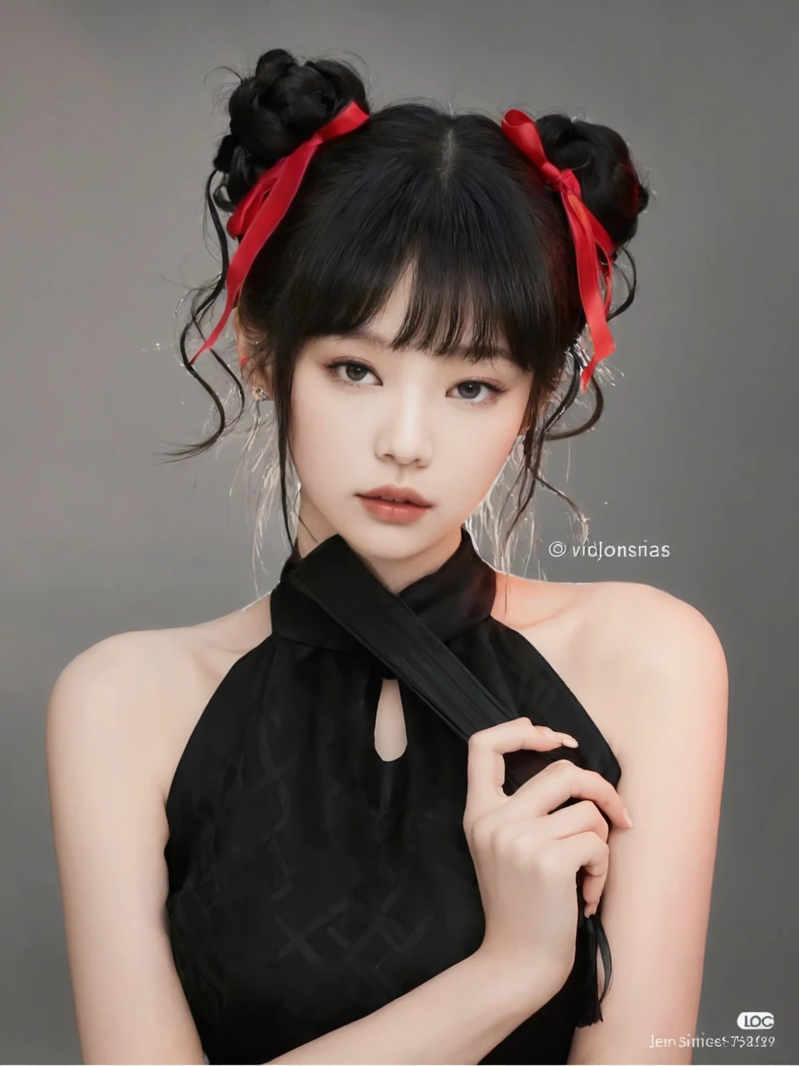 She has her hair styled in two buns with red ribbons., She is wearing a sleeveless black dress with a subtle pattern. She is holding a black strap with delicate hands positioned near her chest. The background is smooth., a neutral colored environment with soft lighting, creating a calm and focused atmosphere. jennie face. Jennie Kim. 