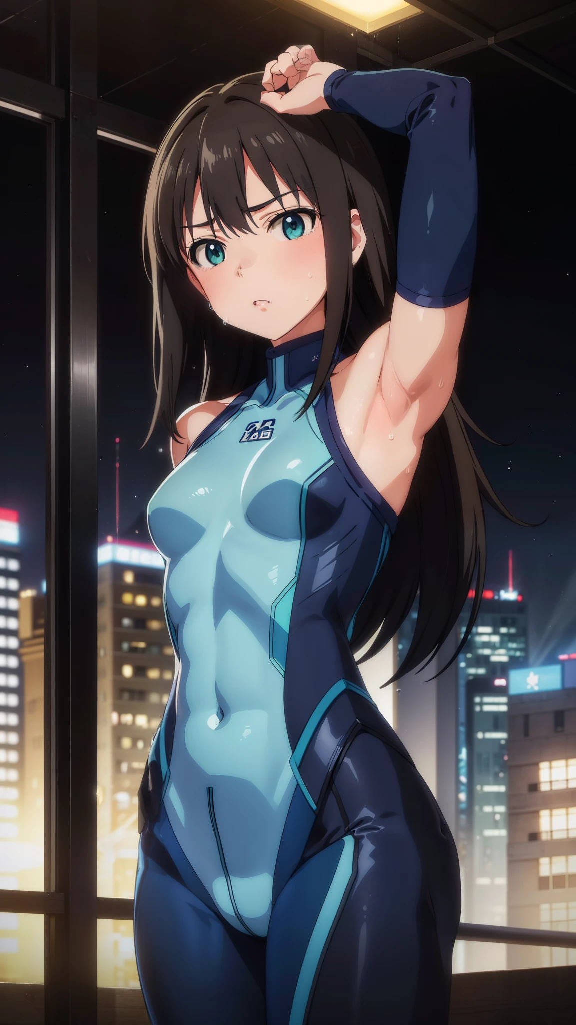 (masterpiece、Highest quality、In 8K、High resolution:1.2)、alone、One Girl、 Rin Shibuya、 Tight clothing、Cowboy Shot、Look at the viewers、Blue Hero Suit、Blue bodysuit、Tight suit、((Trained abdominal muscles))、（Trained biceps）、(building:1.2)、Night view、Excessive sweat on the face
