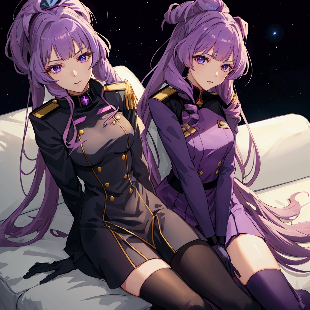 Night sky background, night time, Military uniform, dark blue uniform, purple glove, white cape, 1girl, solo,  Mikumo Guynemer, Macross delta, high collar, shining hair, sitting on couch, facing viewer, arrogant, 