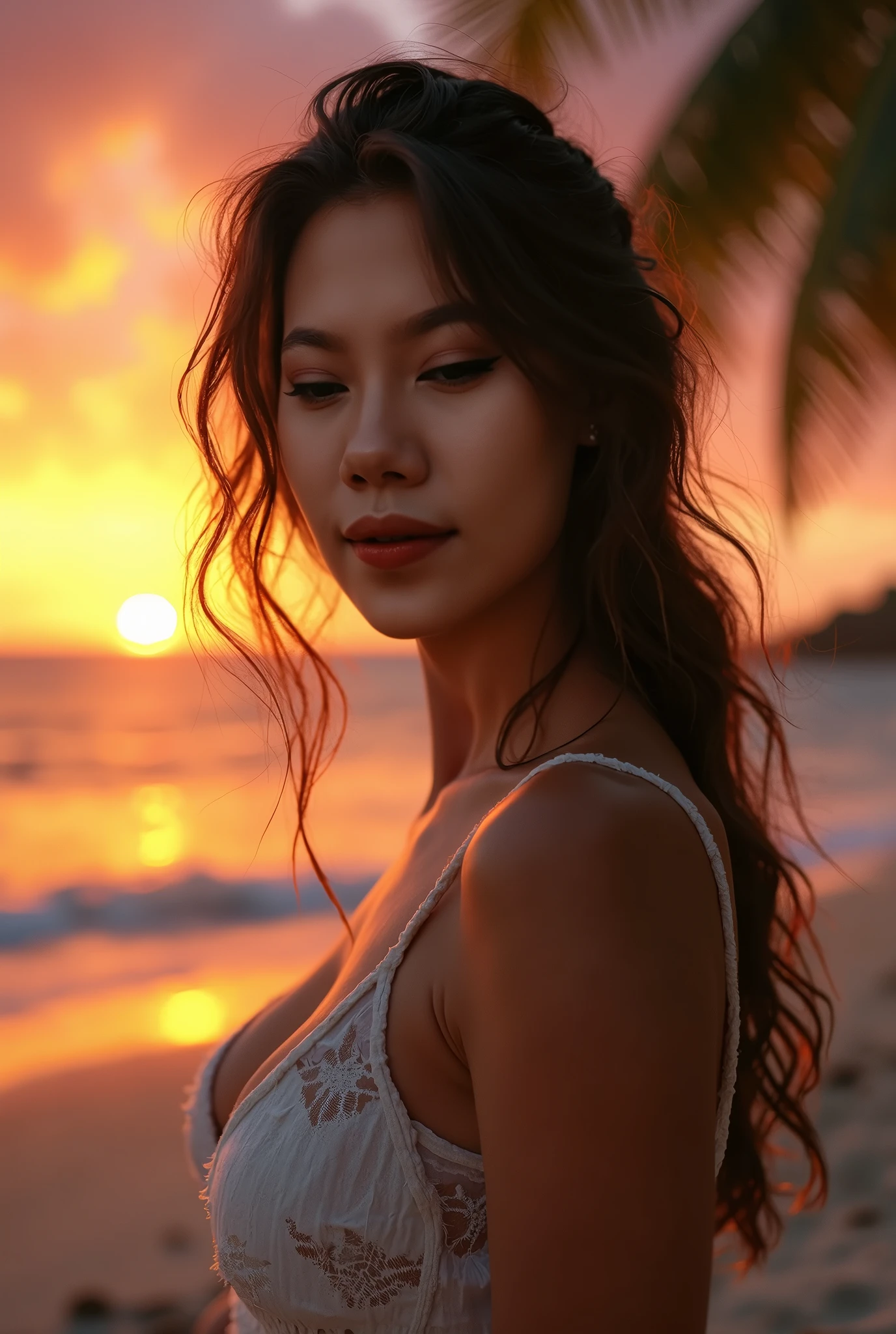 An exquisite portrayal of a full body young filipina woman, captured in a realistic photograph that reverberates with her unique grace. The photograph encapsulates the essence of an 25-year-old girl, radiating confidence as she is naked with beautifull brown skin. A striking twist to her appearance is her vibrant black hair, a testament to her individuality and artistic flair. The setting is a serene beach, where the golden sand meets the gentle waves, providing a backdrop that echoes her natural beauty. The image focuses solely on her, allowing her charm to take center stage. Presented in an immensely detailed CG unity 8k wallpaper format, this photograph delivers an unrivaled visual experience that meticulously captures every facet of her existence. A photograph like this is not just an image; it's a testament to the fusion of art and life. Crafted by the gifted Steve McCurry, a maestro of his craft, this professional and majestic portrait encapsulates the subject's essence in a manner synonymous with McCurry's name. Captured with an 8k UHD DSLR, the soft lighting elevates her features while a delicate film grain effect adds an air of timeless authenticity. The Fujifilm XT3 lens, set at f/5.6, ensures sharp focus and high detail, beautifully highlighting the contours and shades that define her unique beauty. The image carries a dramatic undertone, captured from a perspective that invites the viewer to connect with her on a deeper level. Her gaze, directed at the viewer, resonates with a weight of 1.2, forging an engaging and personal connection. The detailed pupils are magnified to 1.3, lending a mesmerizing depth to her expressive eyes. The use of natural light imparts a warm and genuine atmosphere, capturing the true essence of her radiance.