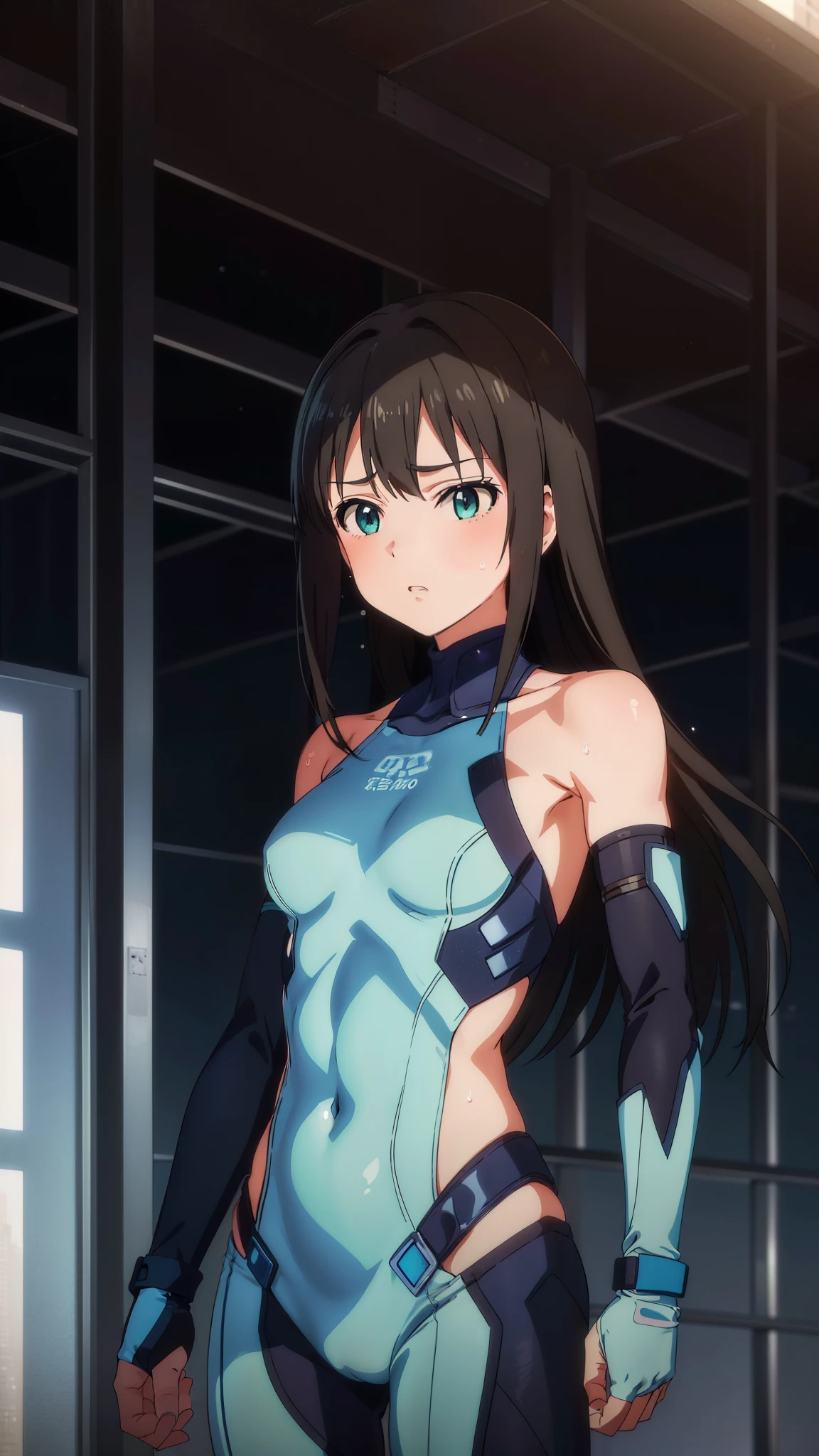 (masterpiece、Highest quality、In 8K、High resolution:1.2)、alone、One Girl、 Rin Shibuya、 Tight clothing、Cowboy Shot、Look at the viewers、Blue Hero Suit、Blue bodysuit、Tight suit、((Trained abdominal muscles))、（Trained biceps）、(building:1.2)、Night view、Excessive sweat on the face
