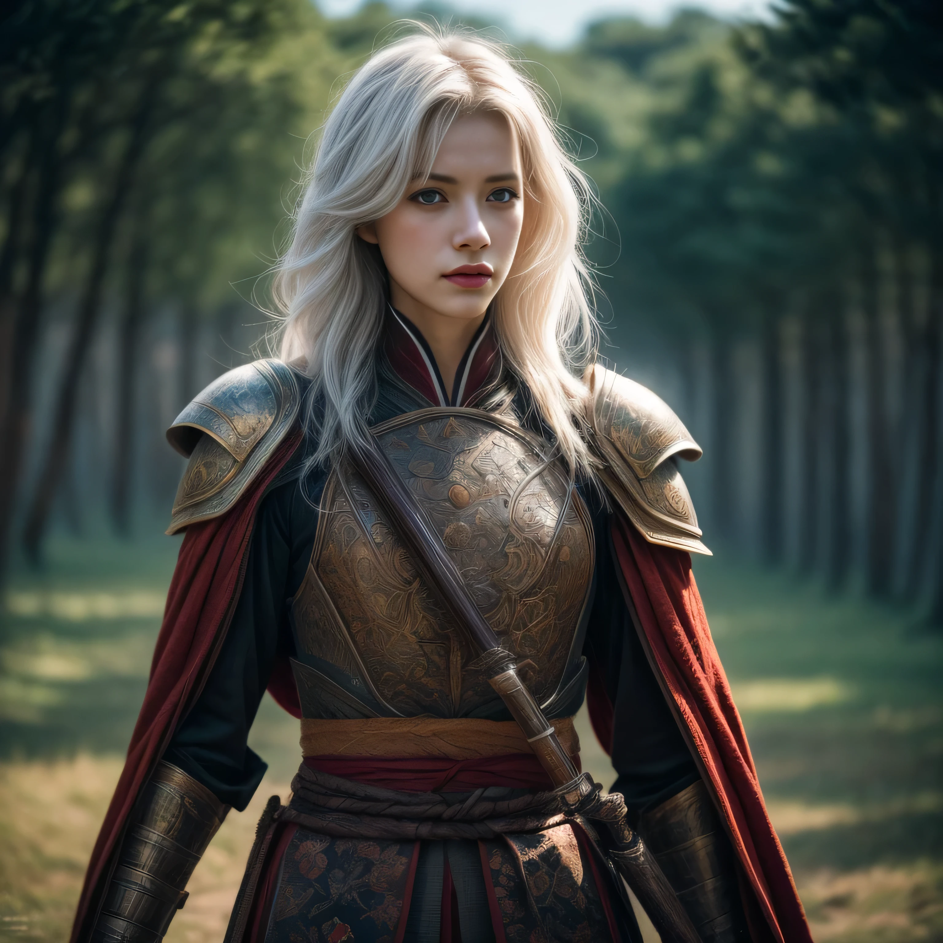 photorealistic, masterpiece, photorealistic, high resolution, soft light, butts up, blue eyes, white hair, long hair, Intricate details EABA, cloaks, short steel claws, Royal Shogun, Armor, warrior, leaves floated around