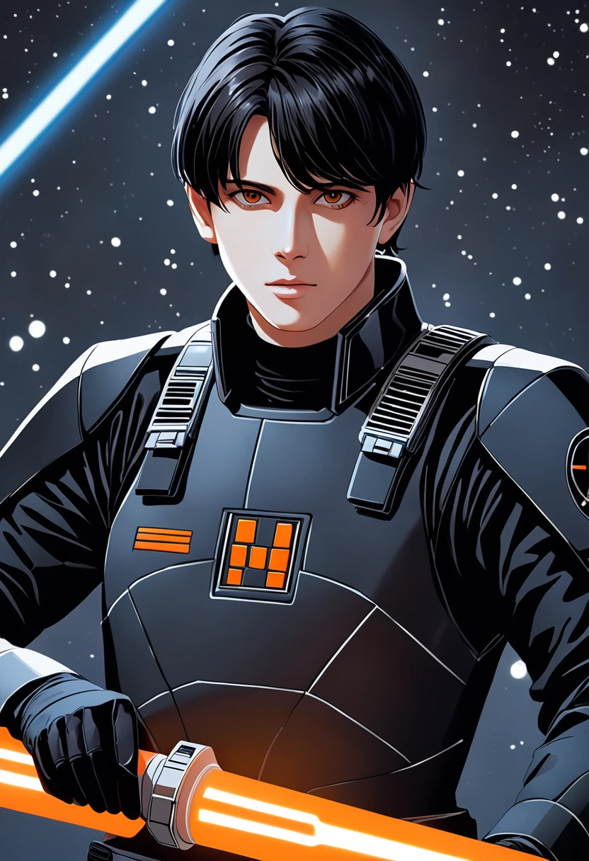 portrait of the man, Black Hair, White skin, With an orange lightsaber in his right hand, Black pilot suit, Star Wars Characters
