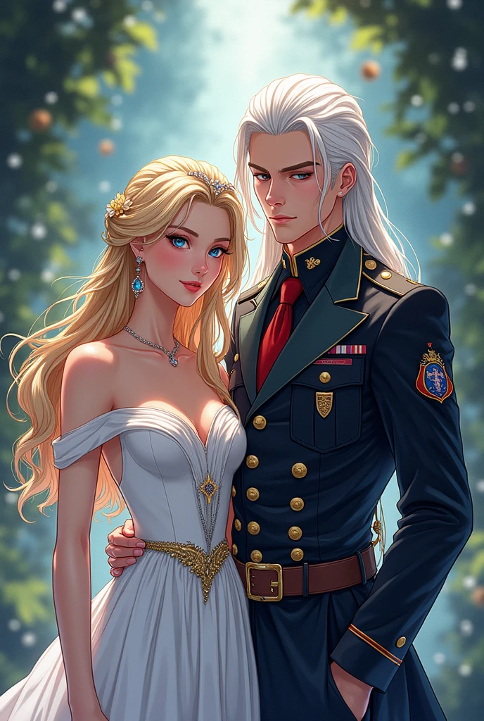 ((realistic)), (masterpiece), (5K), (best quality), 2d Couple, ((a young gray hair couple)), ((a gray long hair woman , vivid eyes, small boobs, red dress)), brown eyes, ultra well detailed eyes, ((a short gray hair guy, wearing a prince cloth, royal clothes)),((a man with a short hair)), beautiful couple pose, (summer night walk),((perfect eyes))