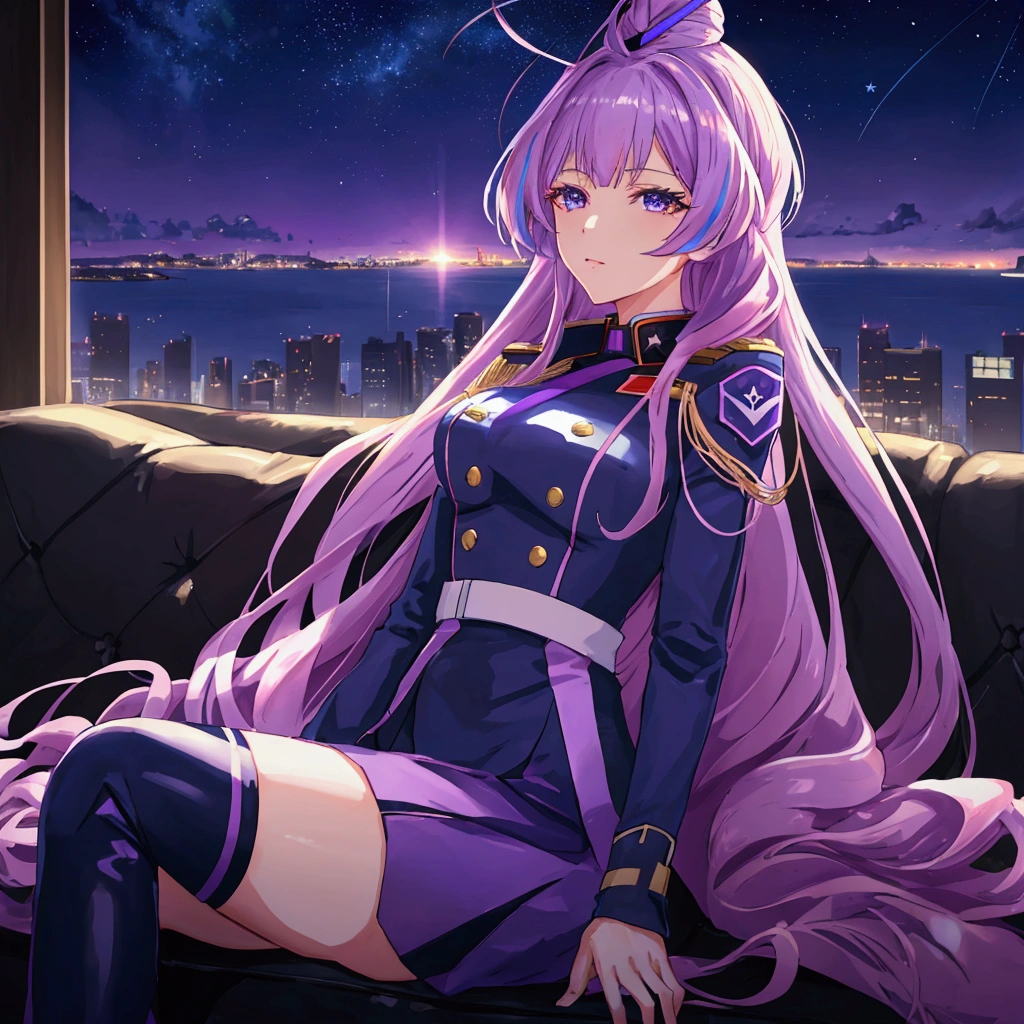 Night sky background, night time, Military uniform, dark blue uniform, purple glove, white cape, 1girl, solo,  Mikumo Guynemer, Macross delta, high collar, shining hair, sitting on couch, facing viewer, arrogant, 