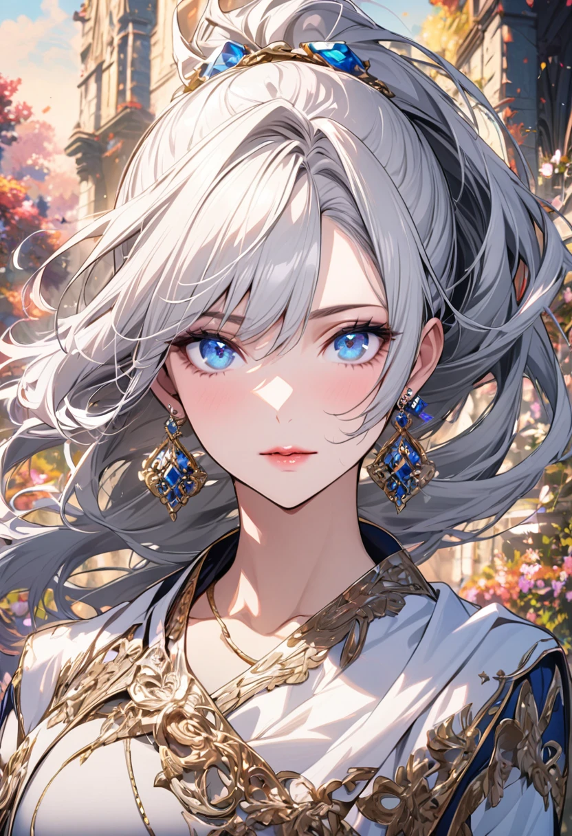 Portrait of Russian woman's face、short-haired、Silver hair、Ice frame、Decorative panel、abstract  art、By Alphonse Mucha (​masterpiece、top-quality、hight resolution: 1.4)、detaileds、intricate-detail、4K、color splashes、Line Art、Fibonacci、
