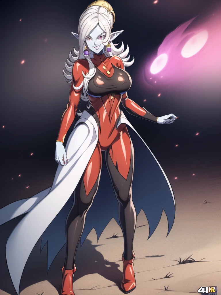 dbsuper style, (extremely detailed CG unity 4k wallpaper),(masterpiece),(ultra quality),(ultra-detailed),(best illustration),(best shadow),(absurdres),(detailed background), Towa, 1girl, solo, pointy ears, colored skin, breasts, blue skin, long hair, bodysuit, large breasts, white hair, earrings, jewelry, underboob, grey eyes, sly smile, purple aura, standing

