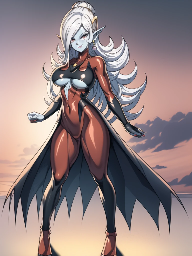 dbsuper style, (extremely detailed CG unity 4k wallpaper),(masterpiece),(ultra quality),(ultra-detailed),(best illustration),(best shadow),(absurdres),(detailed background), Towa, 1girl, solo, pointy ears, colored skin, breasts, blue skin, long hair, bodysuit, large breasts, white hair, earrings, jewelry, underboob, grey eyes, sly smile, purple aura, standing

