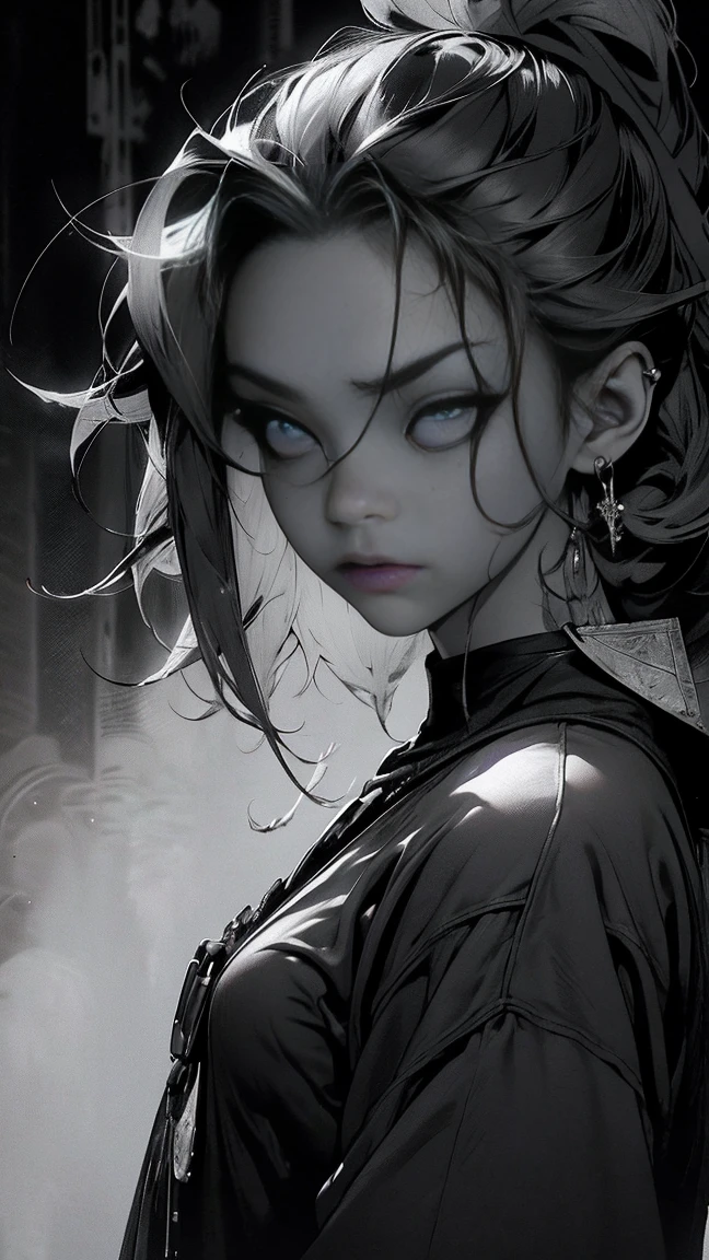 Create an image of a close-up portrait of a fallen angel in despair, with a twisted and angry expression on her face. She is wearing dark and somber clothes and appears to be desperate and panicked. She is located in a desolate and dark desert, surrounded by a sense of oppression and loneliness.