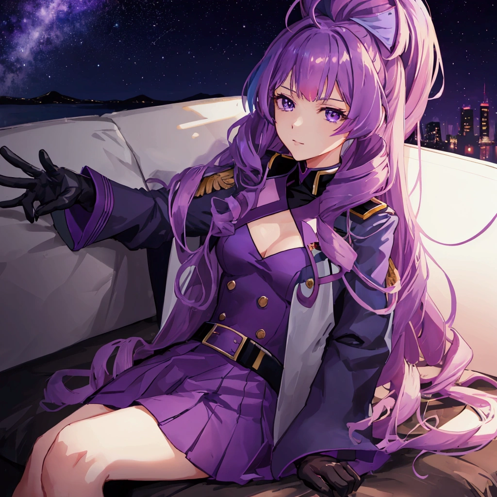 Night sky background, night time, Military uniform, dark blue uniform, purple gloves, white cape, 1girl, solo, Mikumo Guynemer, Macross delta, high collar, shining hair, sitting on couch, facing viewer, arrogant, 