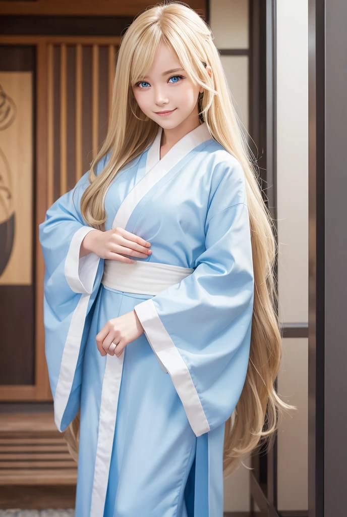 Highest quality, , Soft Light, Ultra-high resolution, (Realistic:1.4), RAW Photos, 1 Russian blonde girl, alone, cute, (A shy smile:0.5), (Blue Eyes, Light in your eyes), Beautiful face in every detail, (From head to toe),(Long Hair), Mini Kimono