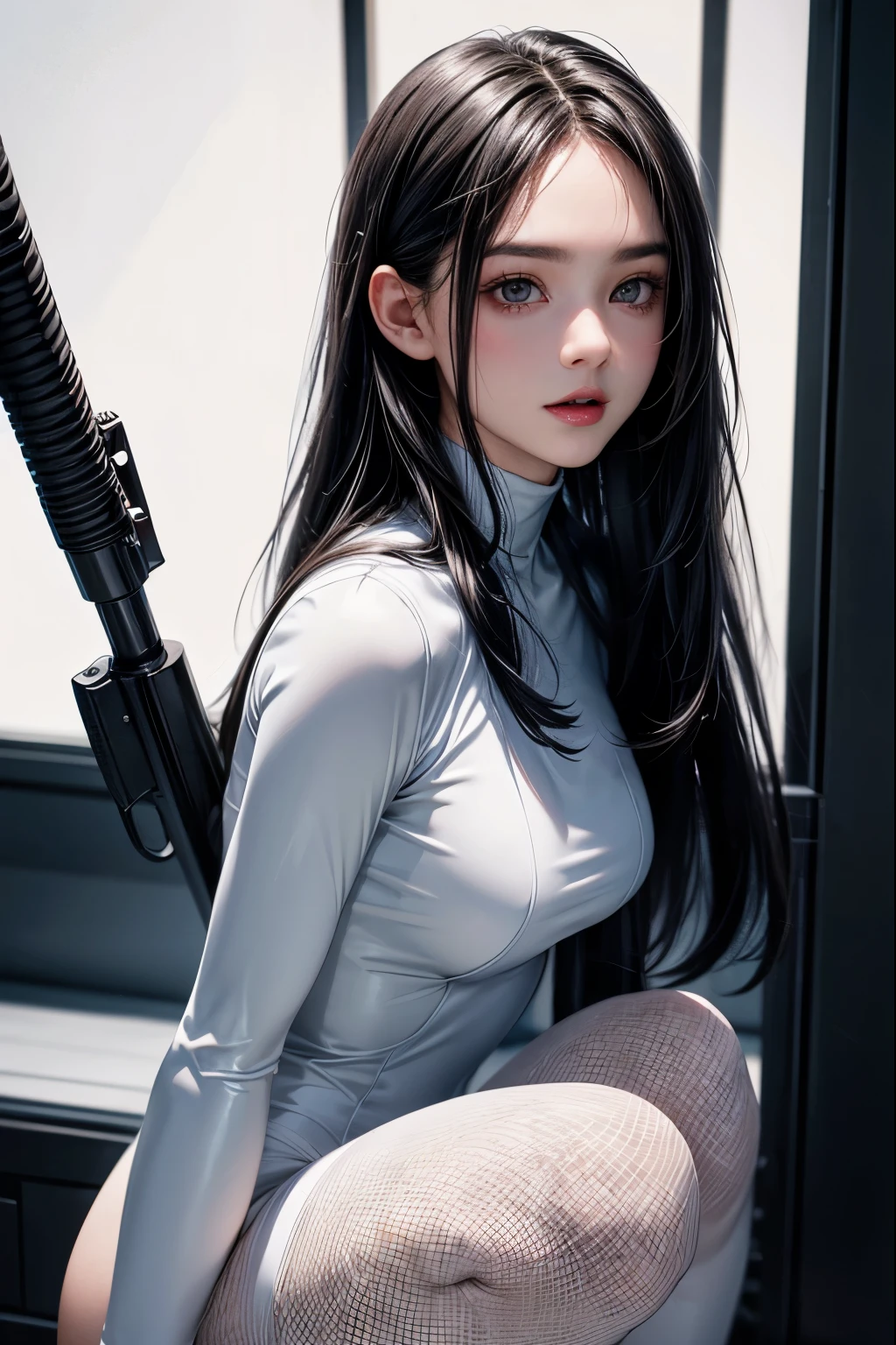 (highest quality:1.2), a 14-years-old girl has a big gun,with firing motion, in sci-fi style gun,front view, a photorealistic cute gymnast, beautiful face, European face like a doll, heavily make-up face, pale face, open mouth with brutal smile, cool eyes with heavy dark eyshadow, dark blue lip with cruel smile, sadistic face, long black hair to shoulder, upper body portrait above the knees, wearing long sleeve latex white bodysuits,tight-fitting and extra shiny white leotard, wearing white fishnet pantyhose.