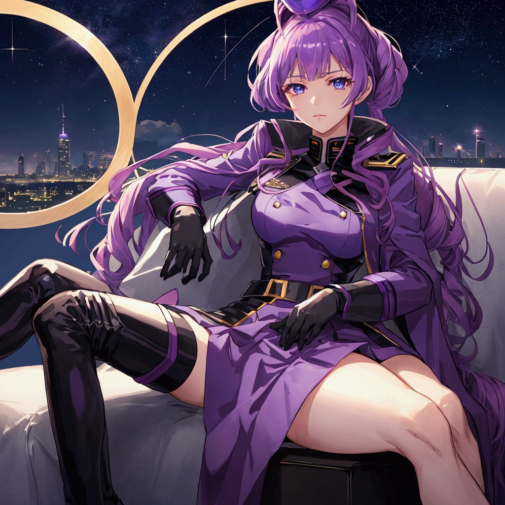 Night sky background, night time, Military uniform, dark blue uniform, purple gloves, white cape, 1girl, solo, Mikumo Guynemer, Macross delta, high collar, shining hair, sitting on couch, facing viewer, arrogant, 