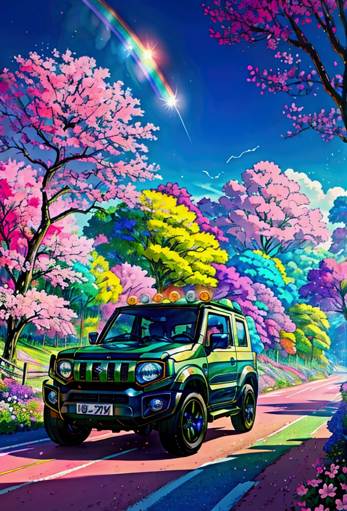 "A Suzuki Jimny driving on a rainbow-colored road, surrounded by pastel-colored, vibrant flowers, with a stunning landscape, creating a utopian atmosphere full of dreams and hope. A masterpiece, 16k ultra-high resolution, depicting a radiant, futuristic world 30 years from now, glowing with rainbow colors and a sense of wonder."